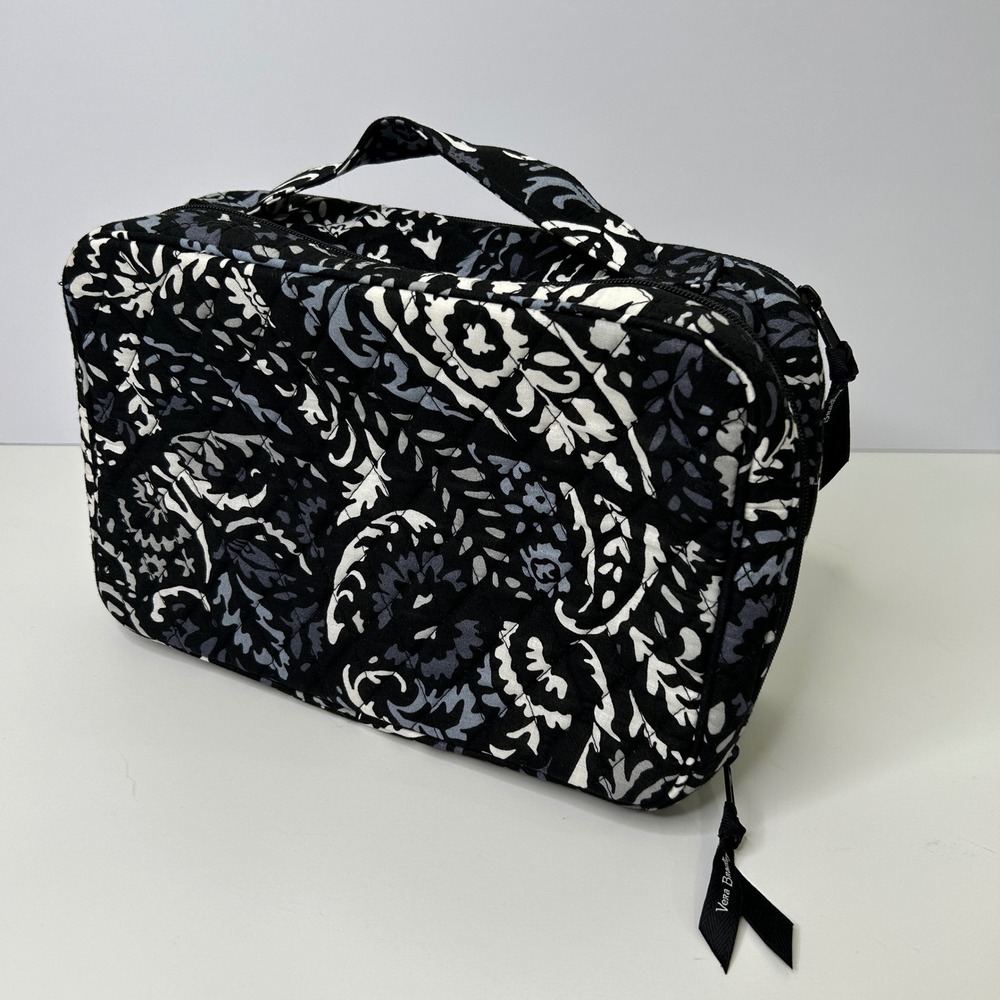 Vera Bradley Quilted Floral Cosmetic Travel Case Black Grey Paisley Organizer